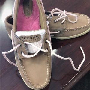 Pink and white Sperrys